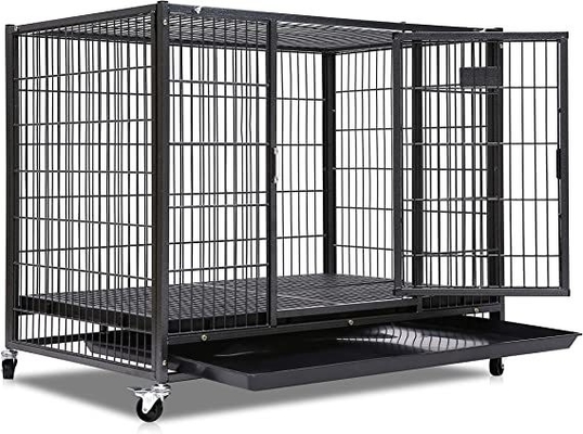 Large Dogs Heavy Duty Metal Kennel and Crate with Four Wheels in Solid Black