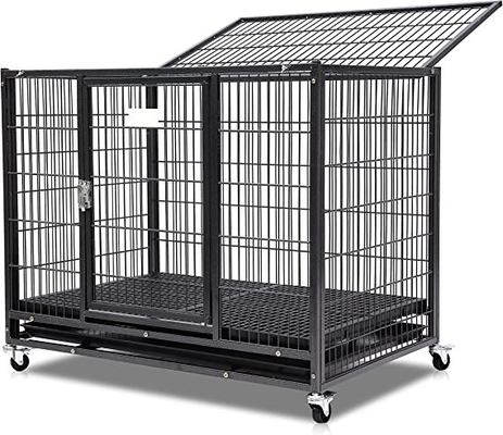 Large Dogs Heavy Duty Metal Kennel and Crate with Four Wheels in Solid Black