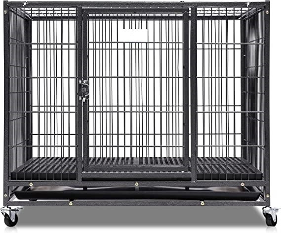 Large Dogs Heavy Duty Metal Kennel and Crate with Four Wheels in Solid Black